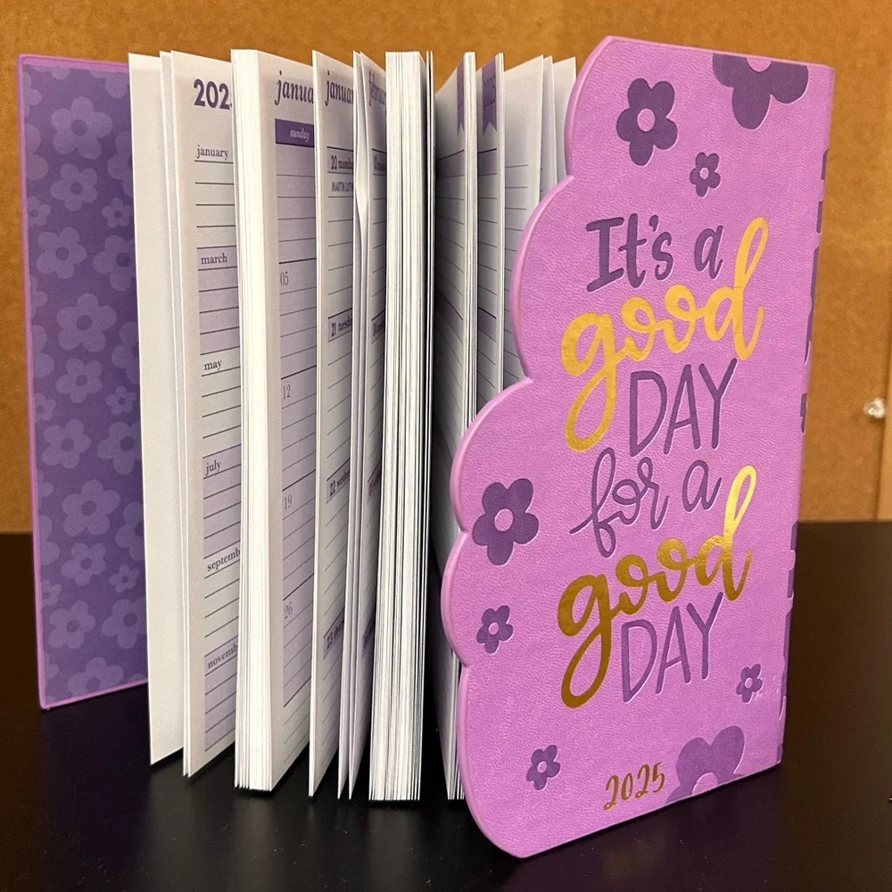A purple textured 2025 planner with Monthly, Weekly, Birthday, and Note pages.